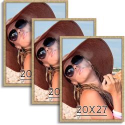 HLiWEGNS Gold 20x27 Frame Set of 3 - Vintage 20 x 27 Poster Frame with Plexiglass for Wall Gallery