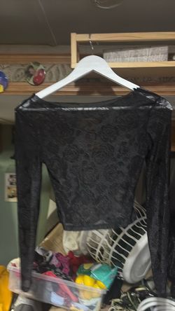 Black Mesh Rose Print Long-Sleeve Crop Top with Cutouts