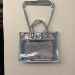 Pastel Blue And Pink Clear Bag With Clutch