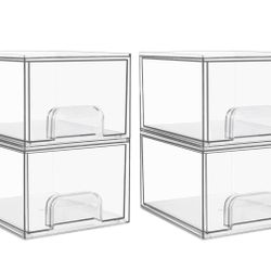 Vtopmart 4 Pack Clear Stackable Storage Drawers, 4.4'' Tall Acrylic Bathroom Makeup Organizer,Plastic Storage Bins For Vanity, Undersink, Kitchen Cabi