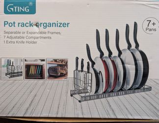 Expandable Pan Rack Organizer, G-TING 7+ Adjustable Pot Lid Holders & Bakeware Rack, Kitchen Cookware Pantry Cabinet Storage Rack with 7 Expandable Ad