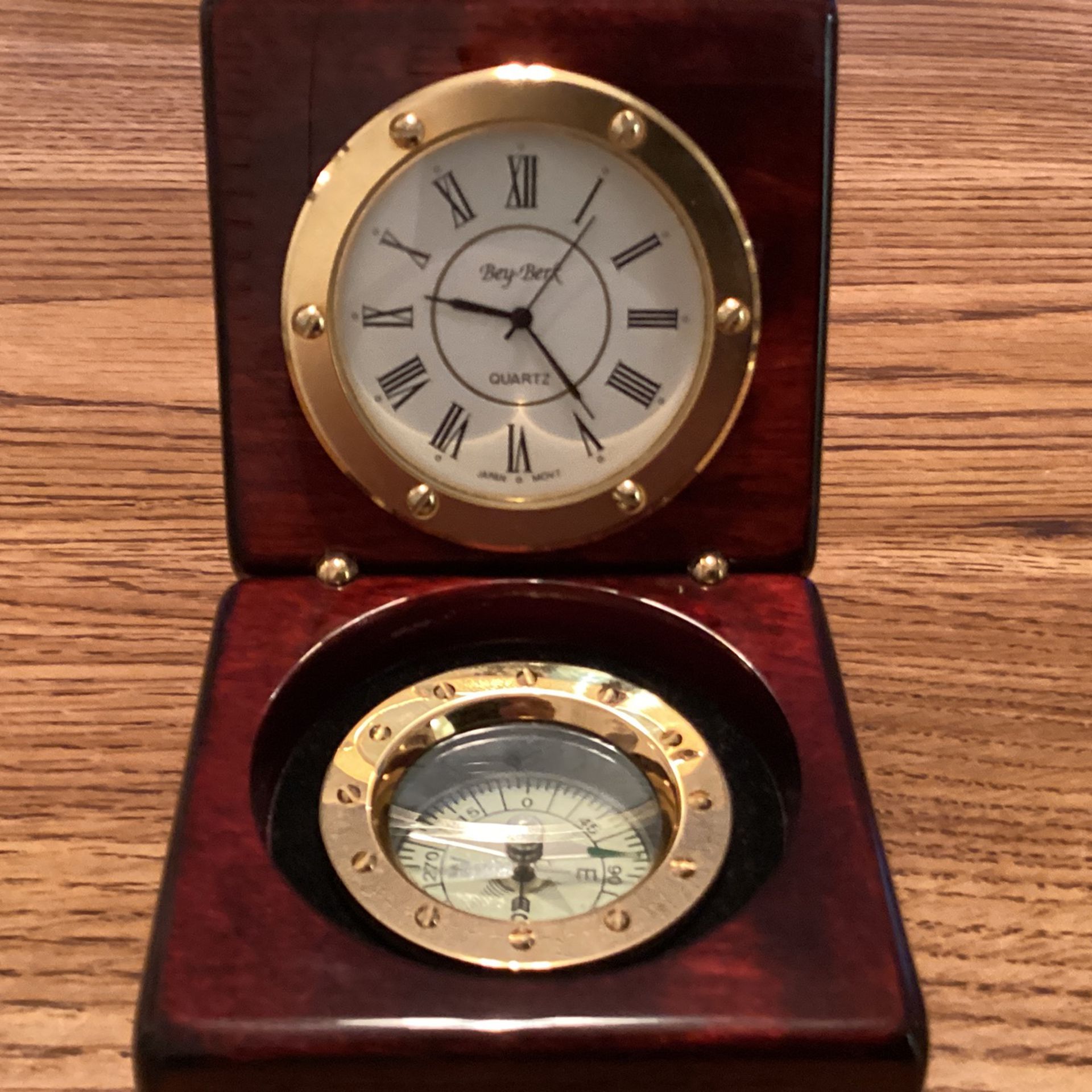 Compass And Clock In Lacquered Rosewood Hinged Box With Brass Accents