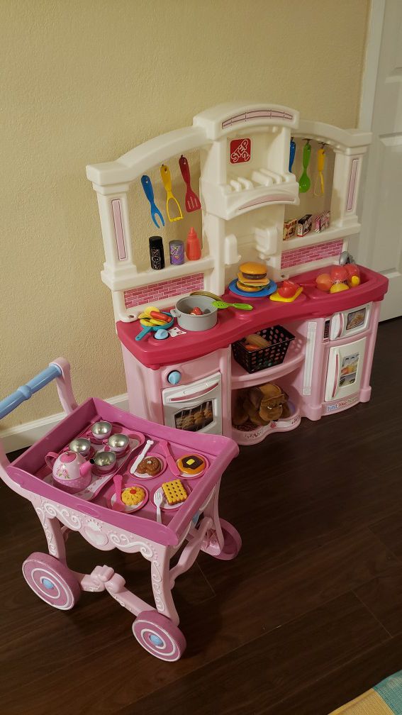 Step 2 pink kids kitchen toys with food fake toy and tea cart set