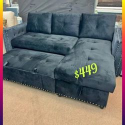 Black velvet sectional sofa with pullout bed 