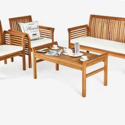 4 pieces patio furniture set wood Acacia whit cushions