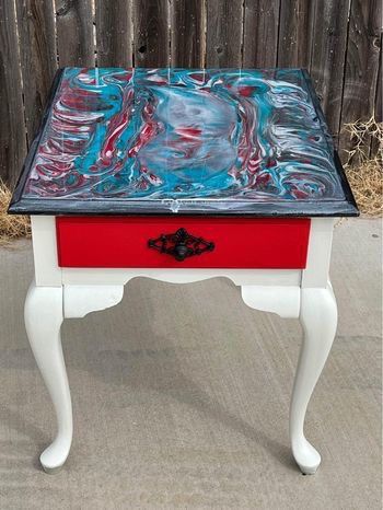 French provincial white with red drawer epoxy top end side or accent table 23.5”H x 22.5”L x 27”W