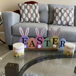 Easter  Decor , two Candles  and Easter Sign 