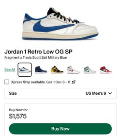 Jordan 1 Retro Low OG SP Fragment x Travis Scott Sail Military Blue Size 9