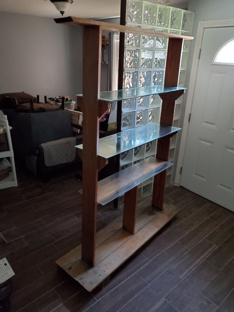 Wood bookcase with mirror and glass shelves