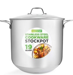 NutriChef 19-Qt Large Stainless Steel Stock Pot - Food Grade, Induction Compatible, Tempered Glass Lid, for Soup & Stew, Dishwasher Safe - NCS