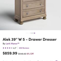 RETAIL $900+ | Brand New Alek 39” 5-Drawer Dresser – Box Unopened