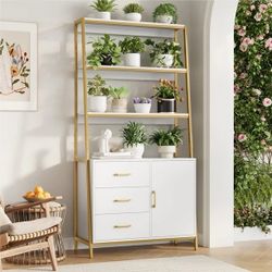 3 Tier Display Bookcase with 3 Drawers, Gold Metal Frame Bookshelf for Living room, White Finish