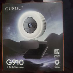 GUSGU G910 2K QHD Webcam – Ring Light + Privacy Cover – New in Box
