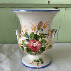 Vintage Ceramic Italian Red Rose Blue Flower Mini Bud Vase Double Handle