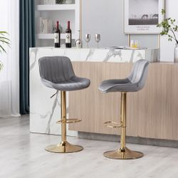  gray velvet and golden leg swivel height bar stool set of 2