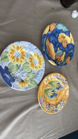 Hand-Painted Floral Ceramic Plates Set of 3