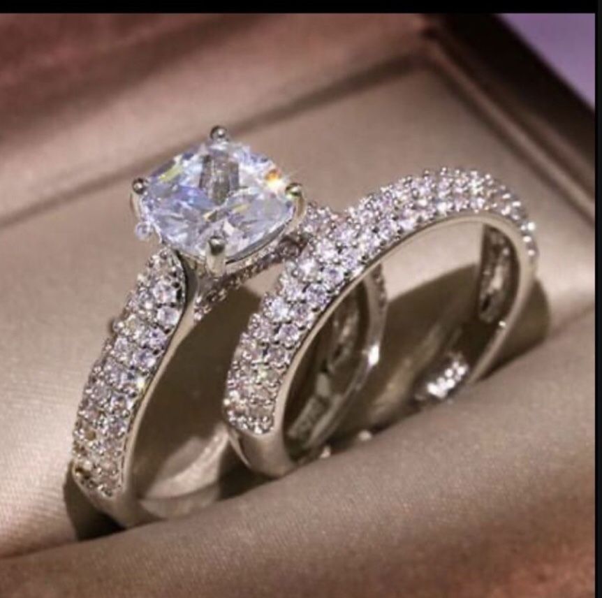 * SALE* 2 PC Set Created White Sapphire Wedding Bridal Ring Stamped 925 SZs 6/8/9 *See My Other 800 Items*