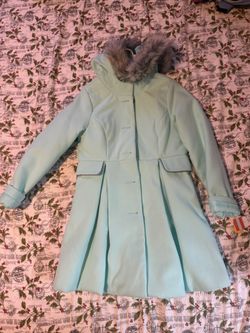 Cat & Jack girls' faux wool hooded coat in mint green with a faux fur trim.