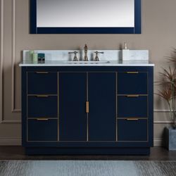 Venice 4821-NB-G_CALAVT4922-8 48"x21"x33" Solid Wood Bath Vanities Side Cabinet in Navy Blue with Gold Trim and Engineered Stone Composite Vanity