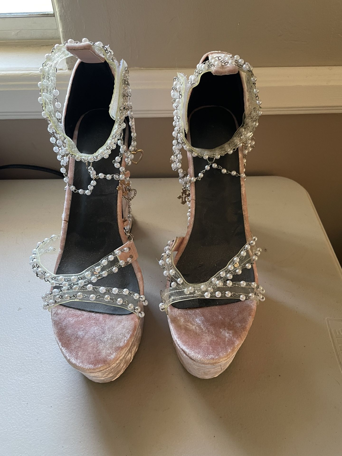Velvet Pink Platform Heels With Beads
