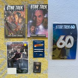 STAR TREK LOT: Picard Logo Pin, Classic Graphic Novels, Mirror Broken Comic Book, ST x Dr Who Friendship Braclet