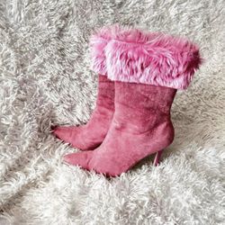 🌸 Bubblegum Pink Suede and Faux Fur Michaels Antonio Stiletto Boots Size 8