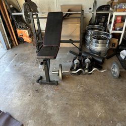 Olympic weight set with bench, curl bar, adjustable dumbbells