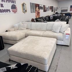 Cream White Corduroy Chaise Sectional 