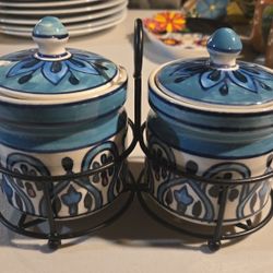 Handcrafted Indian Ceramic  Jar Set with Iron Stand