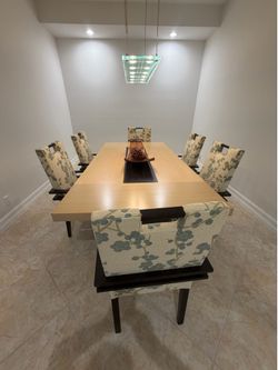 Modern 9-Piece Dining Room Set – Large Table with 8 Upholstered Chairs