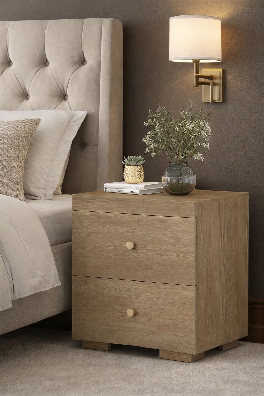 New Nightstand with Drawers, Light Wood Bedside Table Farmhouse 2 Drawer End Table Dresser for Bedroom, Boho Night Stand Small Sofa Side Table for Liv