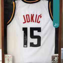 Nikola Jokic Autographed Framed White Jersey Shadowbox w/ Prizm RC PSA 8 JSA COA
