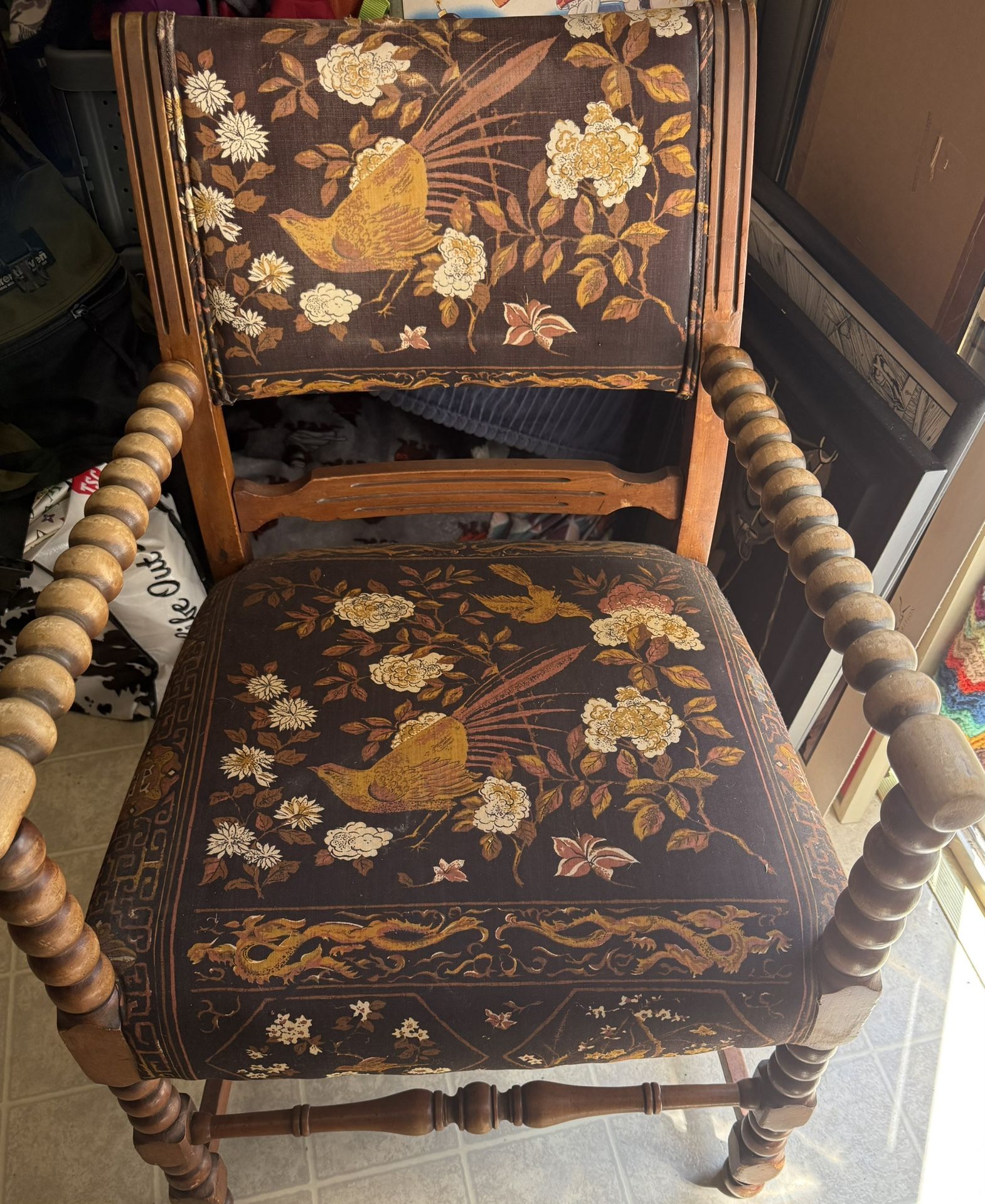 Vintage Antique Wooden Chair Boho Rustic Birds Floral Twist Arms