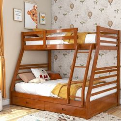 Twin/Full Oak Finish Wood Bunk Bed Frame with Two Drawers Included