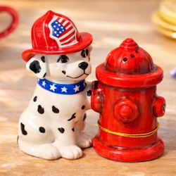 Westland Giftware 2000s Dalmatian Firefighter & Hydrant Salt Pepper Set, NWT