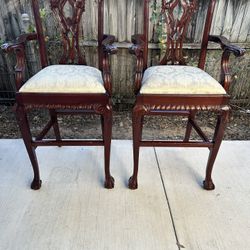 $150 OBO Pair Of Vintage Chippendale Style Mahogany Wood Bar Height Arm Stools Tall Chairs
