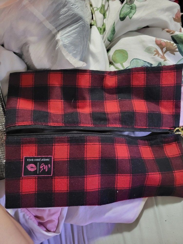 Large Black And Red Plaid Makeup Bag