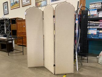 Beige Fabric Upholstered Room Divider with Nailhead Trim