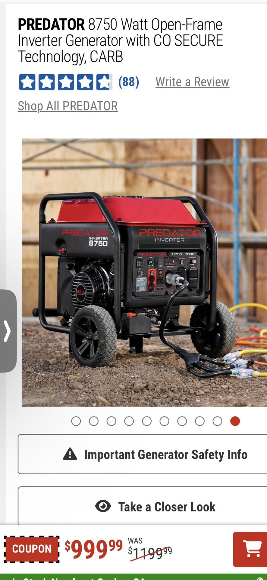 PREDATOR 8750 Watt Open-Frame Inverter Generator