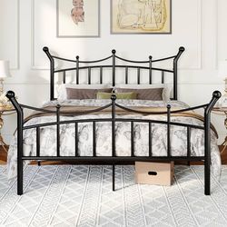 14 Inches Queen Size Metal Platform Bed Frame with Elegant Crown Iron-Art Headboard & Footboard, Sturdy Mattress Foundation with Under-Bed Storage, Ea