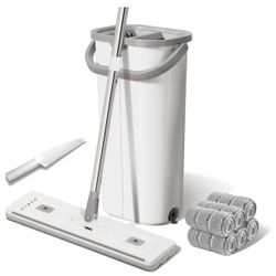 Mop and Bucket Set: 360° Flat Squeeze Mop with Long Handle & Wringer Bucket, 6 Washable Microfiber Pads for Kitchen, Bathroom, Wall Cleaning, Wet Dry 