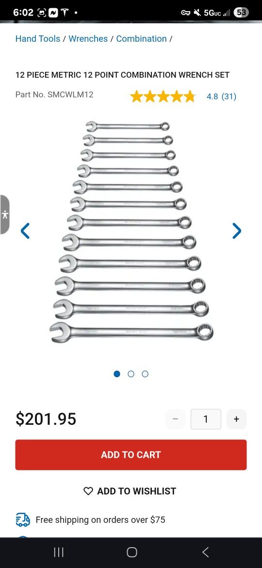 New Matco Tools 12 Piece Long Metric Combination Wrench Set, model SMCWLM12.