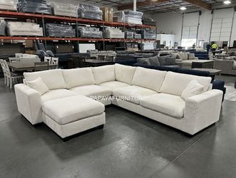 Mid Century Modern Ivory Beige Sectional Sofa Set with Ottoman Corner Living Room Space Saving Designer Staging Style Furniture SALE DEAL White Cream