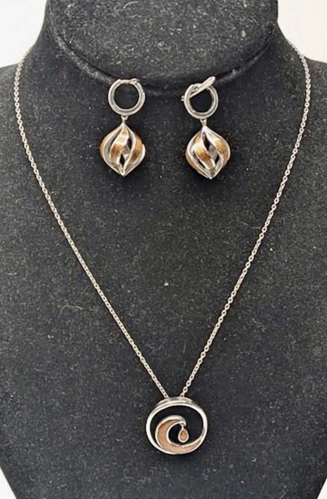FREE SHIPPING! SET Na Hoku 925 Silver Hawaiian Wave Pendant Koa Wood Necklace 18” & Earrings