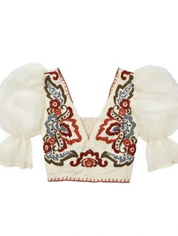 Embroidered Floral Puff Sleeve Crop Top