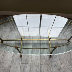 1970s Large Oval Solid Brass Glass Top Hoof Feet Italian Coffee Table