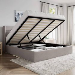 King Size Lift Up Storage Bed/Modern Wingback Headboard/Upholstered Platform Bed