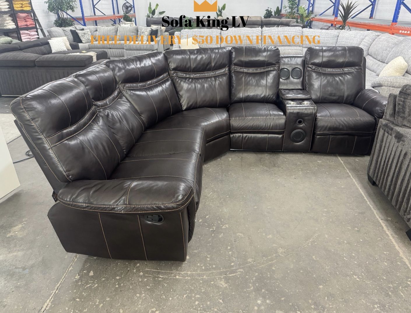 Free Delivery* Brown Faux Leather Reclining Sectional W/ Speaker!