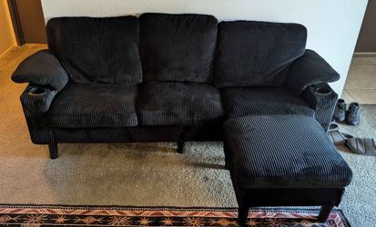 black corduroy 3 seat couch with ottoman