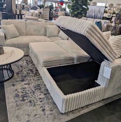NEW IN  BOX - Grey Sectional With USB Charging Ports & Pull-Out Bed & STORAGE CHAISE** Finance $39